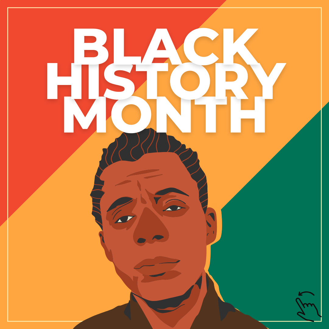 Das Bild zeigt eine Grafik von James Baldwin auf einem rot, gelb, grünen Hintergrund. Die Schrift Black History Month ist weiß.