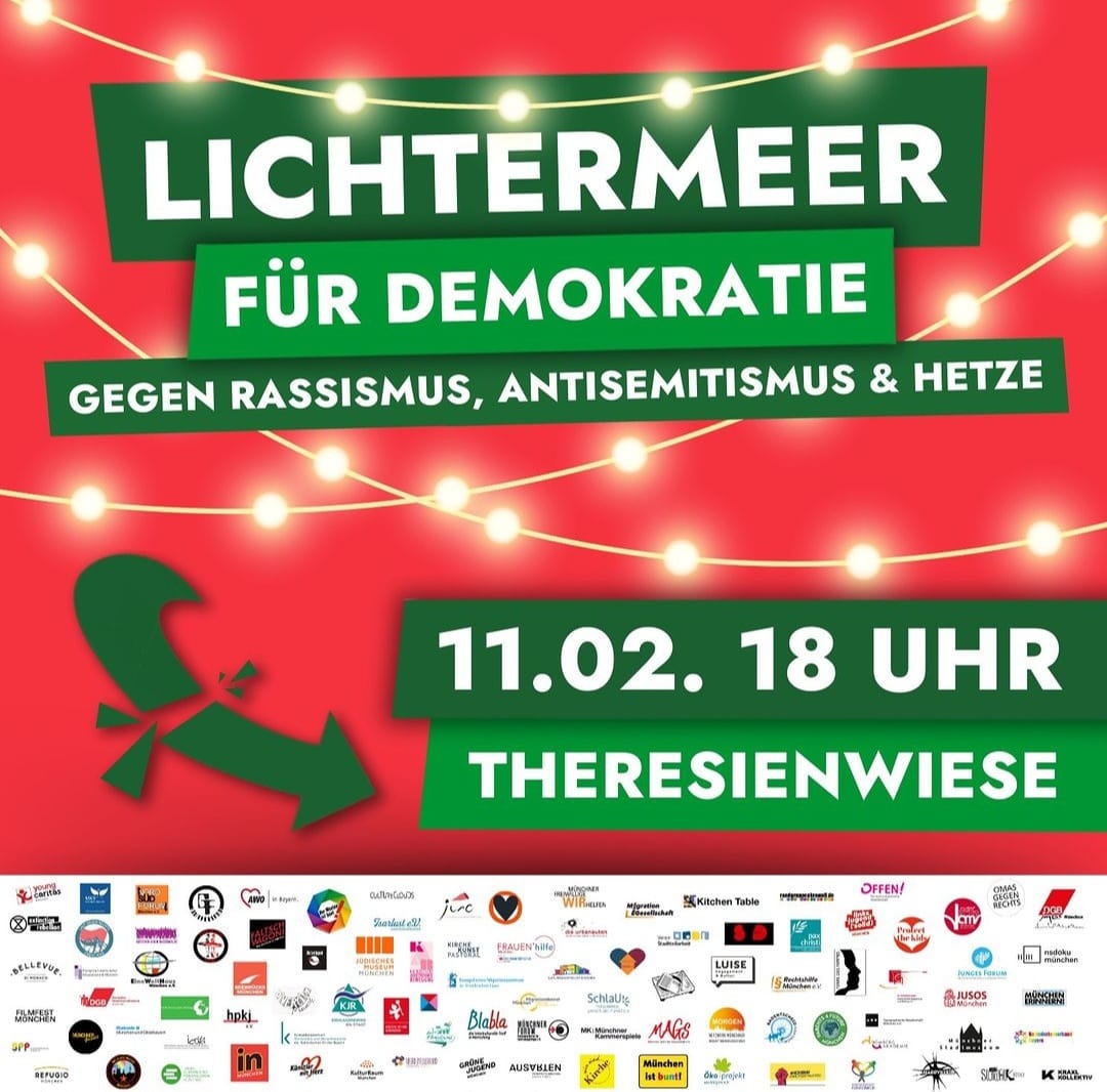 Das Bild zeigt den Aufruf zur Demonstration "Lichtermeer für Demokratie" mit den Logos aller veranstaltenden Organisationen